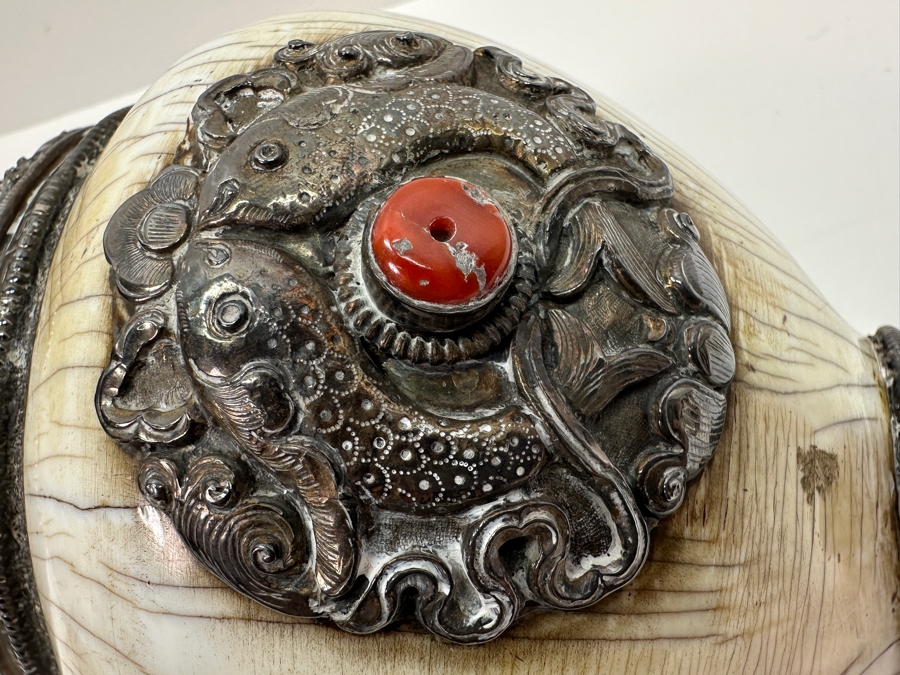 Impressive Tibetan Conch Shell Ritual Horn Adorned With Detailed Silver, Coral And Turquoise Weighs 2,232g [Photo 11]