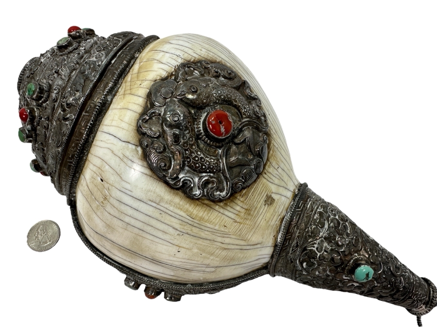 Impressive Tibetan Conch Shell Ritual Horn Adorned With Detailed Silver, Coral And Turquoise Weighs 2,232g