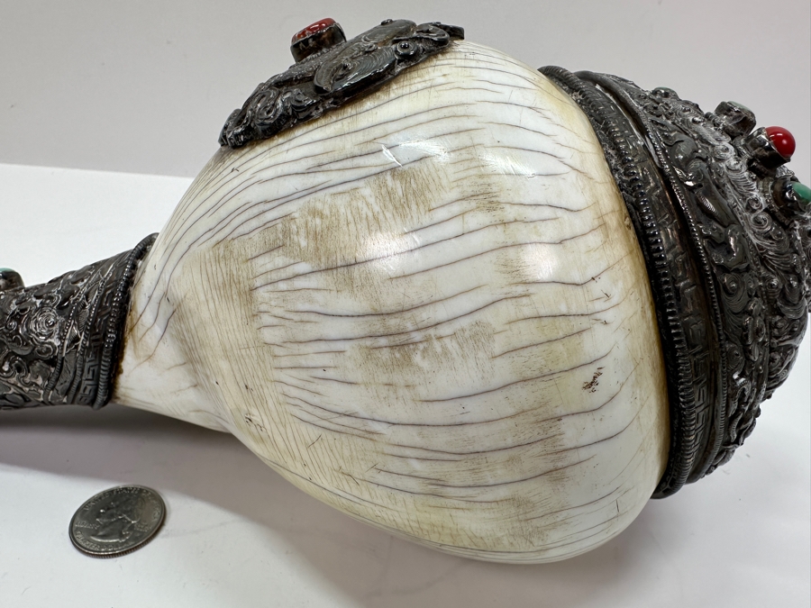 Impressive Tibetan Conch Shell Ritual Horn Adorned With Detailed Silver, Coral And Turquoise Weighs 2,232g [Photo 23]