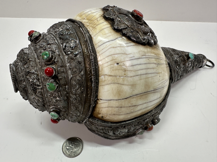 Impressive Tibetan Conch Shell Ritual Horn Adorned With Detailed Silver, Coral And Turquoise Weighs 2,232g [Photo 14]