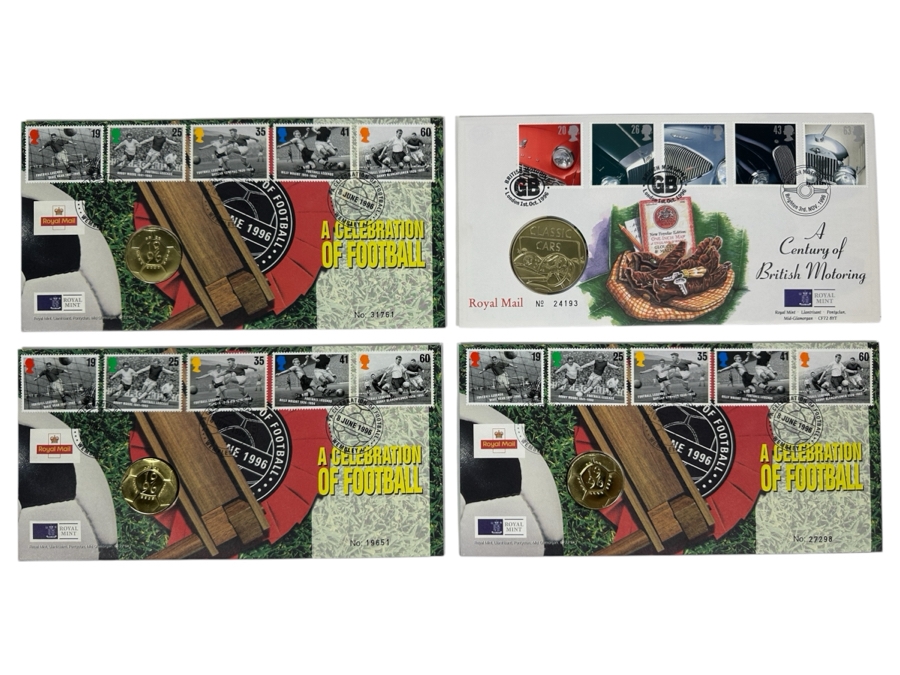 (3) Limited Edition Royal Mint Of England 1996 Celebration Of Football First Day Cover With Two Pounds Coin And (1) Limited Edition 1996 Great Britain First Day Cover 'A Century Of British Motoring With Commemorative Medal