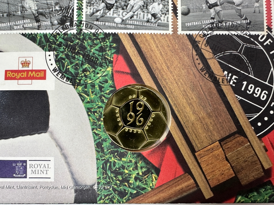 (3) Limited Edition Royal Mint Of England 1996 Celebration Of Football First Day Cover With Two Pounds Coin And (1) Limited Edition 1996 Great Britain First Day Cover 'A Century Of British Motoring With Commemorative Medal [Photo 3]