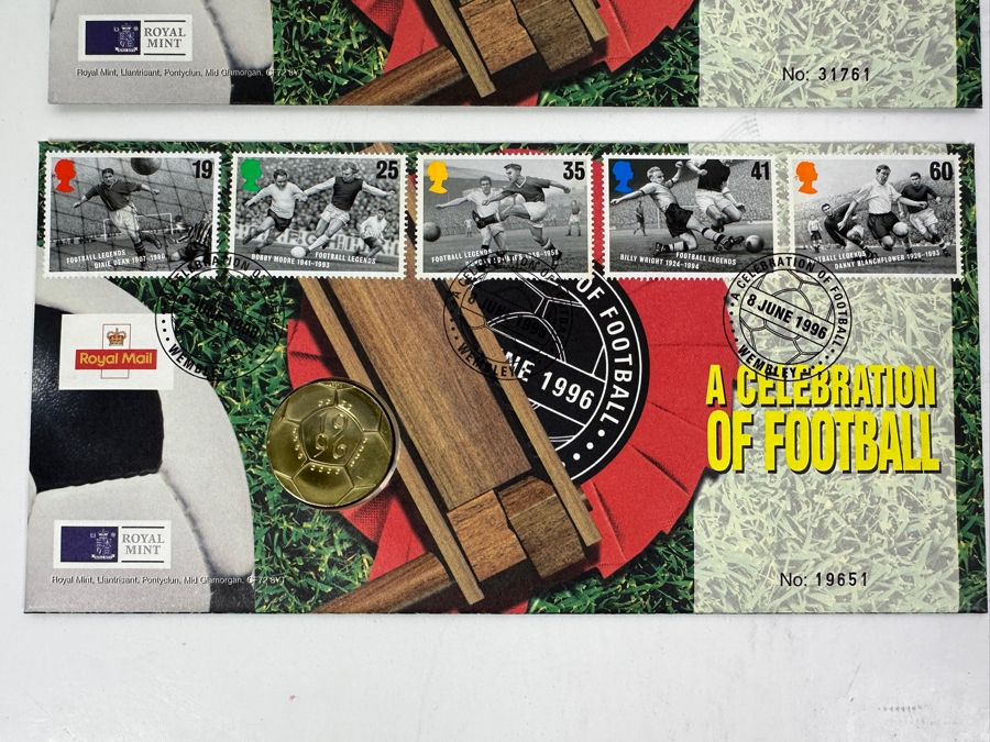 (3) Limited Edition Royal Mint Of England 1996 Celebration Of Football First Day Cover With Two Pounds Coin And (1) Limited Edition 1996 Great Britain First Day Cover 'A Century Of British Motoring With Commemorative Medal [Photo 2]