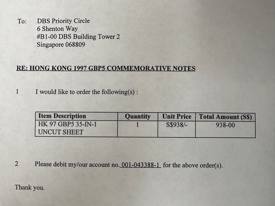 Rare Limited Edition Uncut Sheet Of Hong Kong 1997 Bank Of England Five Pound Currency Commemorative Notes Commemorating The Return Of Hong Kong To China Issued 23rd May 1997 With Certificate Of Authenticity Limited To 3,888 Sheets - 35 Five Pound Bills [Photo 15]