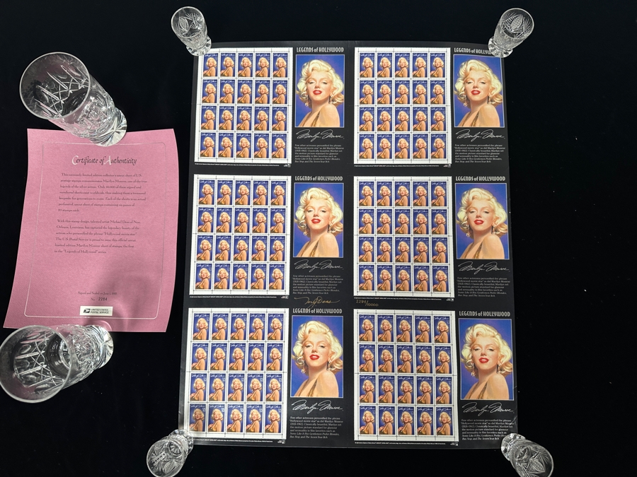 Rare Michael Deas Artist Signed Limited Edition Collector's Uncut Sheet Of U.S. Postage Stamps Commemorating Marilyn Monroe Signed And Numbered 2,284 Of 10,000 With Certificate Of Authenticity