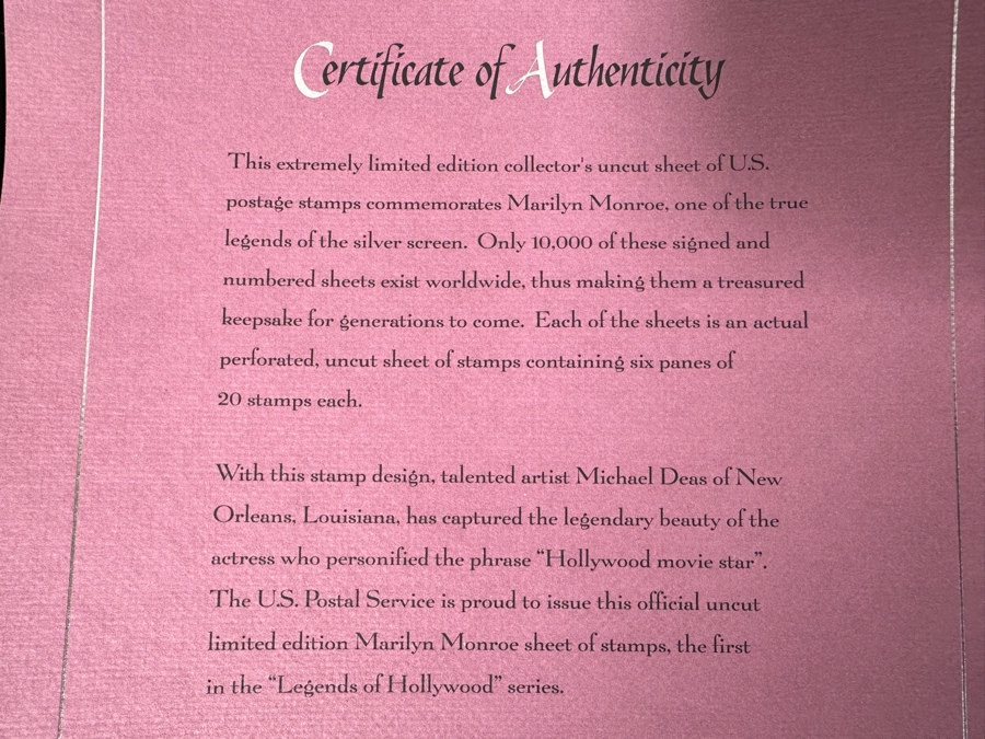 Rare Michael Deas Artist Signed Limited Edition Collector's Uncut Sheet Of U.S. Postage Stamps Commemorating Marilyn Monroe Signed And Numbered 2,284 Of 10,000 With Certificate Of Authenticity [Photo 10]