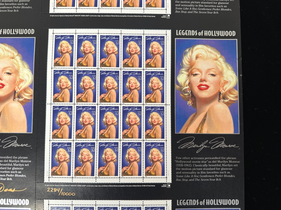 Rare Michael Deas Artist Signed Limited Edition Collector's Uncut Sheet Of U.S. Postage Stamps Commemorating Marilyn Monroe Signed And Numbered 2,284 Of 10,000 With Certificate Of Authenticity [Photo 5]