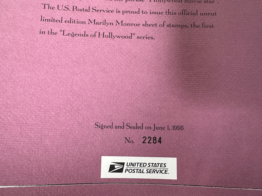 Rare Michael Deas Artist Signed Limited Edition Collector's Uncut Sheet Of U.S. Postage Stamps Commemorating Marilyn Monroe Signed And Numbered 2,284 Of 10,000 With Certificate Of Authenticity [Photo 11]