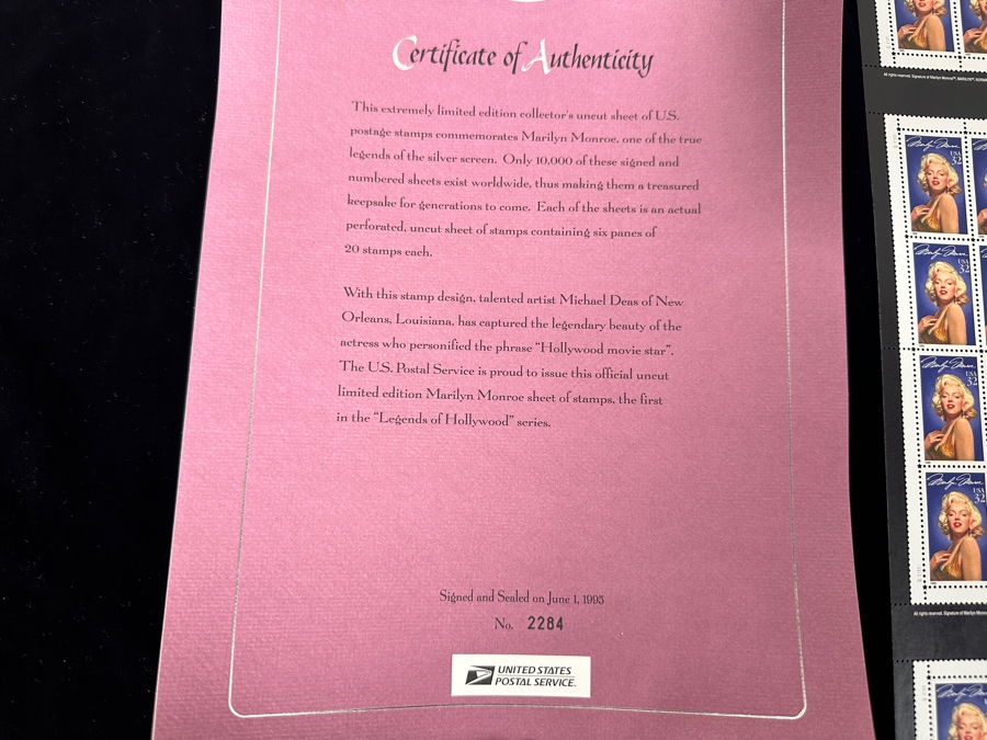 Rare Michael Deas Artist Signed Limited Edition Collector's Uncut Sheet Of U.S. Postage Stamps Commemorating Marilyn Monroe Signed And Numbered 2,284 Of 10,000 With Certificate Of Authenticity [Photo 9]