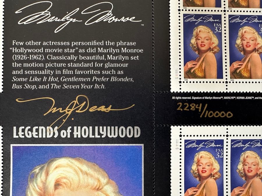 Rare Michael Deas Artist Signed Limited Edition Collector's Uncut Sheet Of U.S. Postage Stamps Commemorating Marilyn Monroe Signed And Numbered 2,284 Of 10,000 With Certificate Of Authenticity [Photo 2]