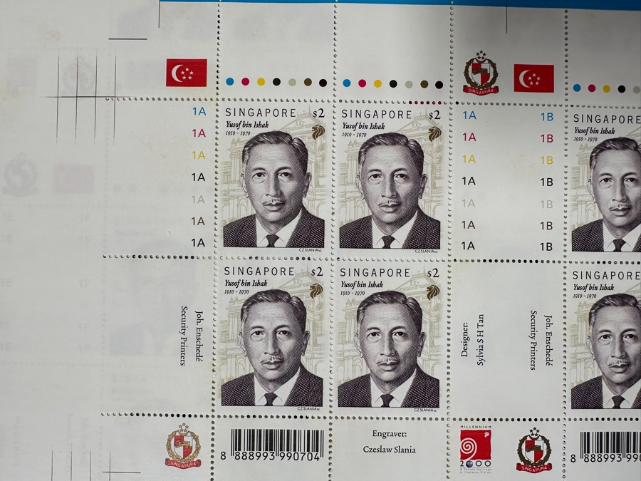 (3) Rare Singapore's First Perforated Full Printer's Sheets Of Mint Sheets Of $2 Singapore Stamps Yusof Bin Ishak (1910-1970) Millennium 2000 Stamps Estimate $450 [Photo 4]