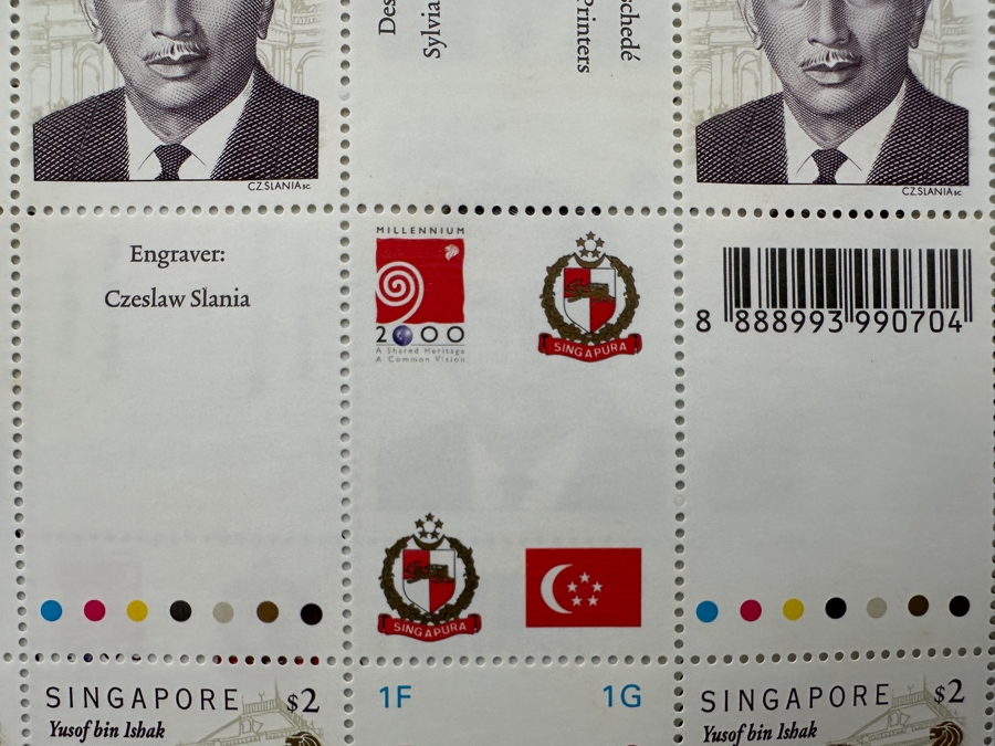(3) Rare Singapore's First Perforated Full Printer's Sheets Of Mint Sheets Of $2 Singapore Stamps Yusof Bin Ishak (1910-1970) Millennium 2000 Stamps Estimate $450 [Photo 7]