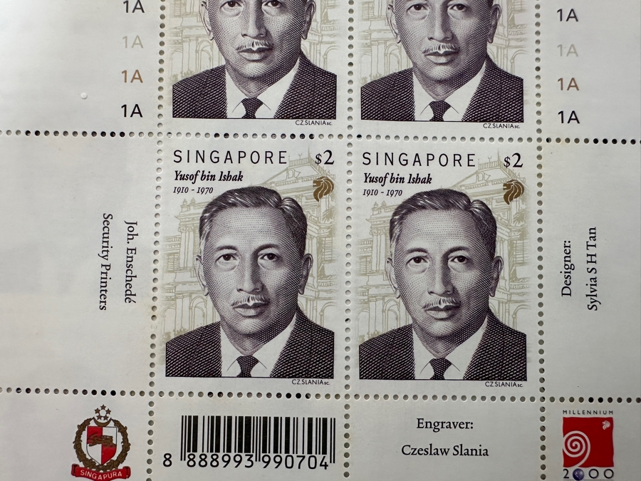 (3) Rare Singapore's First Perforated Full Printer's Sheets Of Mint Sheets Of $2 Singapore Stamps Yusof Bin Ishak (1910-1970) Millennium 2000 Stamps Estimate $450 [Photo 5]