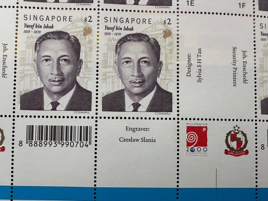 (3) Rare Singapore's First Perforated Full Printer's Sheets Of Mint Sheets Of $2 Singapore Stamps Yusof Bin Ishak (1910-1970) Millennium 2000 Stamps Estimate $450 [Photo 8]