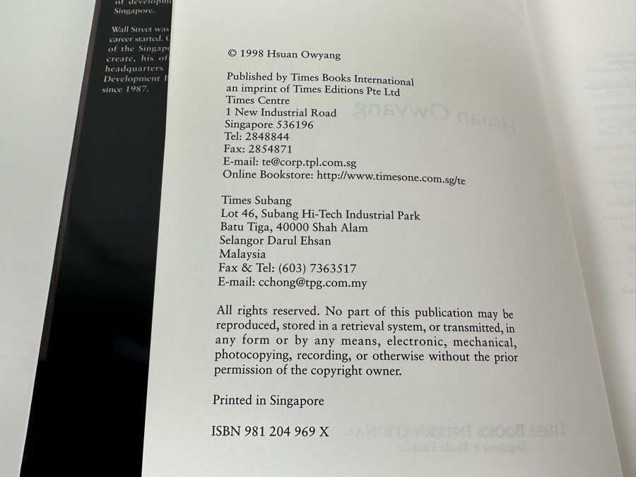 1998 First Edition Hardcover Book From Wall Street To Bukit Merah: Strategies Of A Corporate Leader - Entrepeneurs Of Asia By Hsuan Owyang [Photo 4]