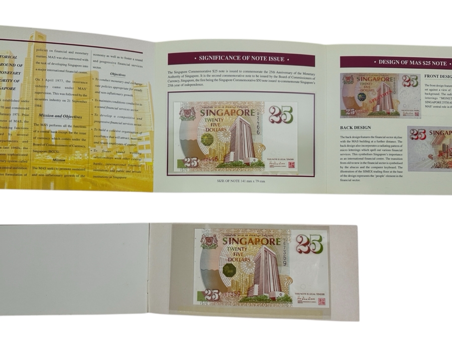 Pair Of Mint Uncirculated Singapore Twenty Five Dollars Bills Commemorating 25 Years Of Singapore 1971-1996 [Photo 3]
