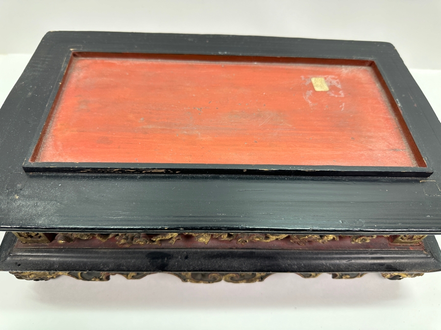 Impressive Vintage Chinese Gilt & Lacquered Relief Carved Wooden Stand Altar Offering Box Signed Underneath Lid 14.5W X 9D X 9.75H [Photo 20]