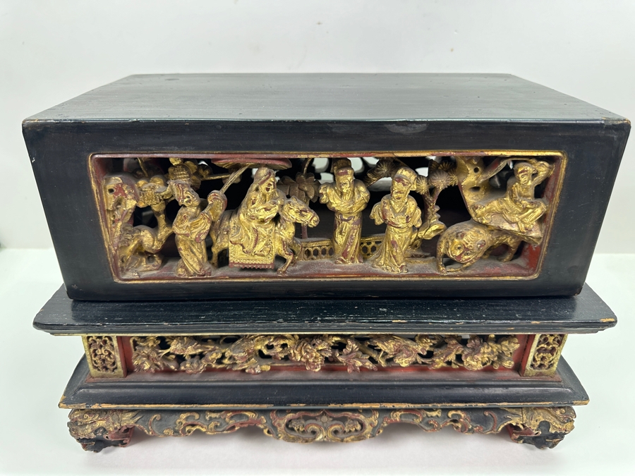 Impressive Vintage Chinese Gilt & Lacquered Relief Carved Wooden Stand Altar Offering Box Signed Underneath Lid 14.5W X 9D X 9.75H [Photo 5]