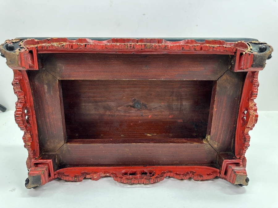 Impressive Vintage Chinese Gilt & Lacquered Relief Carved Wooden Stand Altar Offering Box Signed Underneath Lid 14.5W X 9D X 9.75H [Photo 22]