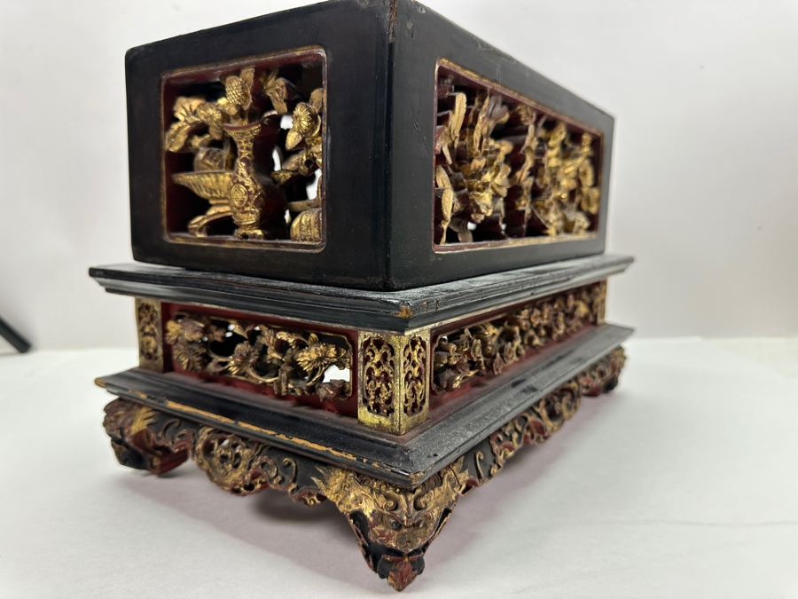 Impressive Vintage Chinese Gilt & Lacquered Relief Carved Wooden Stand Altar Offering Box Signed Underneath Lid 14.5W X 9D X 9.75H [Photo 17]