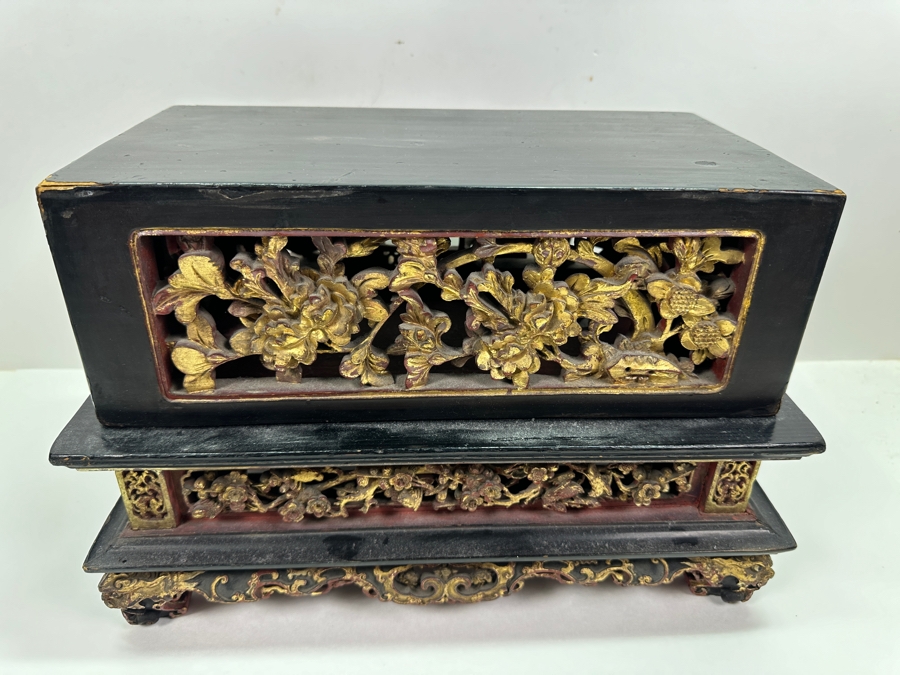 Impressive Vintage Chinese Gilt & Lacquered Relief Carved Wooden Stand Altar Offering Box Signed Underneath Lid 14.5W X 9D X 9.75H [Photo 16]