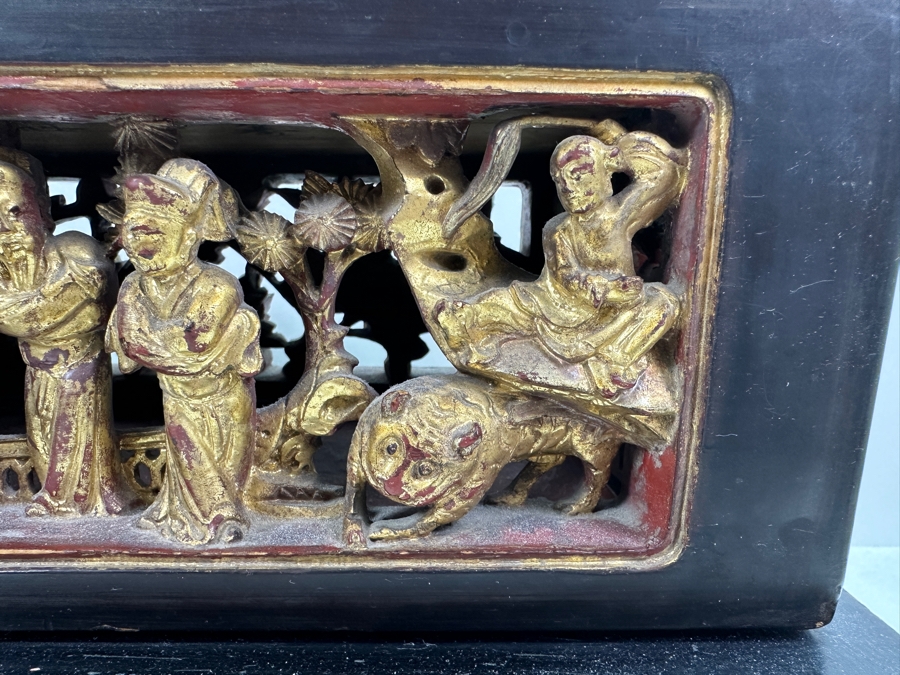 Impressive Vintage Chinese Gilt & Lacquered Relief Carved Wooden Stand Altar Offering Box Signed Underneath Lid 14.5W X 9D X 9.75H [Photo 9]