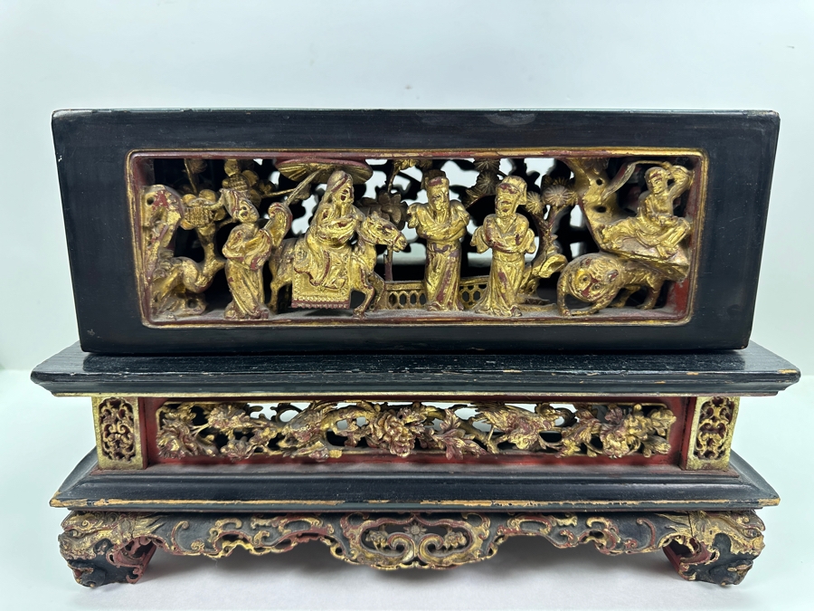 Impressive Vintage Chinese Gilt & Lacquered Relief Carved Wooden Stand Altar Offering Box Signed Underneath Lid 14.5W X 9D X 9.75H [Photo 6]