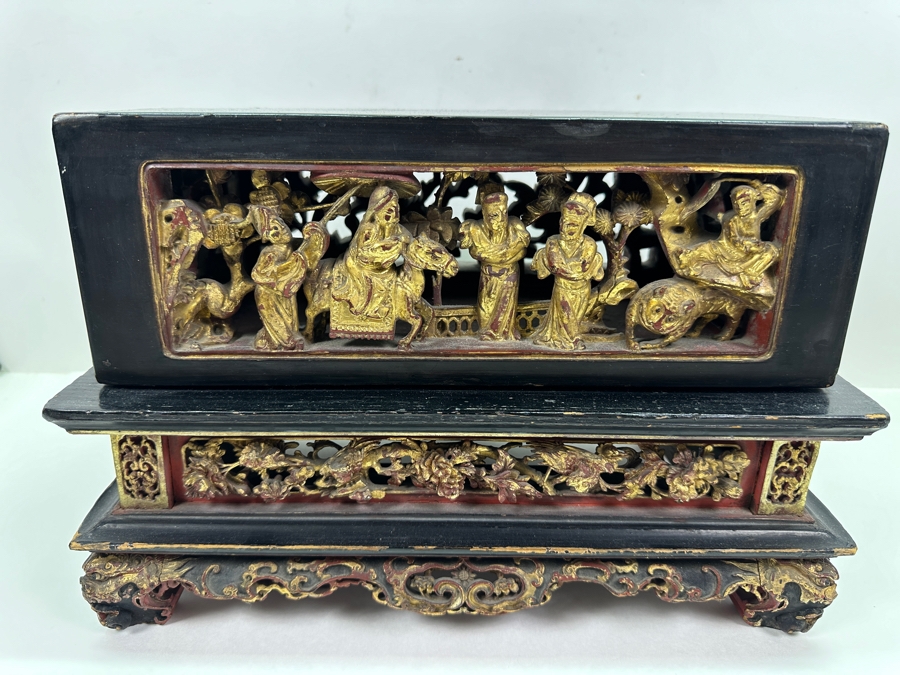 Impressive Vintage Chinese Gilt & Lacquered Relief Carved Wooden Stand Altar Offering Box Signed Underneath Lid 14.5W X 9D X 9.75H [Photo 4]