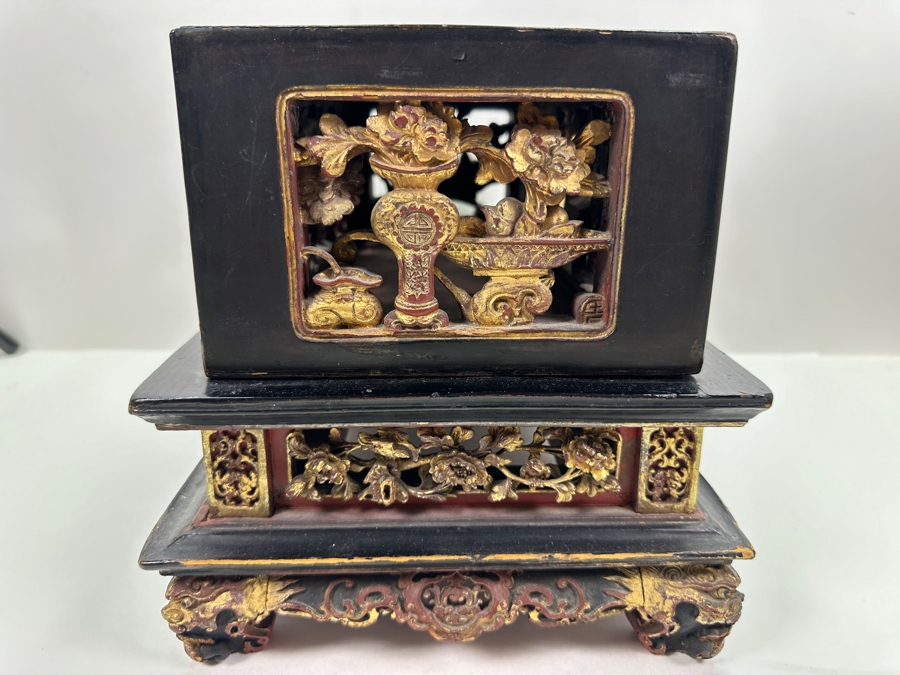 Impressive Vintage Chinese Gilt & Lacquered Relief Carved Wooden Stand Altar Offering Box Signed Underneath Lid 14.5W X 9D X 9.75H [Photo 13]
