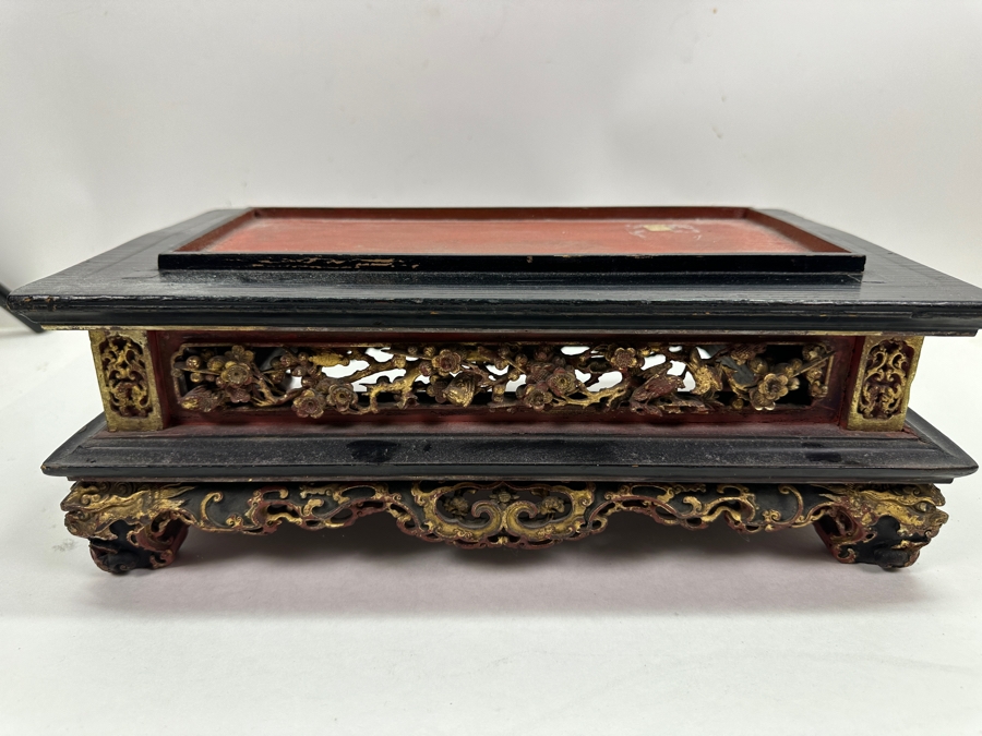 Impressive Vintage Chinese Gilt & Lacquered Relief Carved Wooden Stand Altar Offering Box Signed Underneath Lid 14.5W X 9D X 9.75H [Photo 21]
