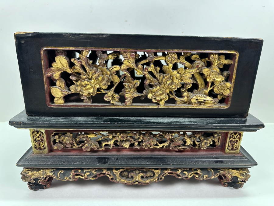 Impressive Vintage Chinese Gilt & Lacquered Relief Carved Wooden Stand Altar Offering Box Signed Underneath Lid 14.5W X 9D X 9.75H [Photo 15]