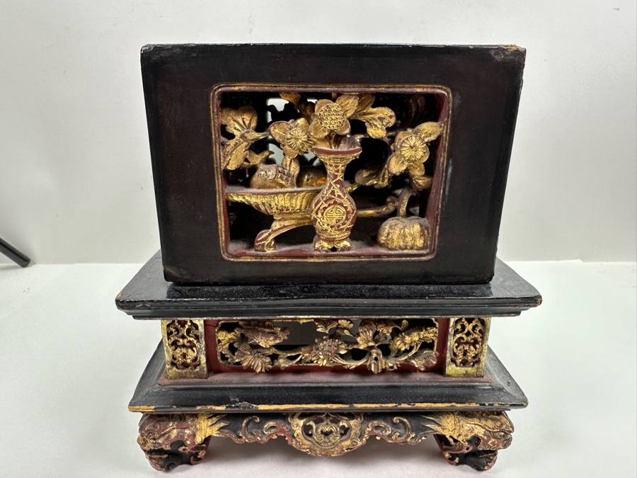 Impressive Vintage Chinese Gilt & Lacquered Relief Carved Wooden Stand Altar Offering Box Signed Underneath Lid 14.5W X 9D X 9.75H [Photo 18]