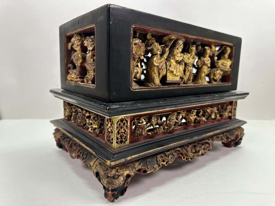 Impressive Vintage Chinese Gilt & Lacquered Relief Carved Wooden Stand Altar Offering Box Signed Underneath Lid 14.5W X 9D X 9.75H [Photo 11]