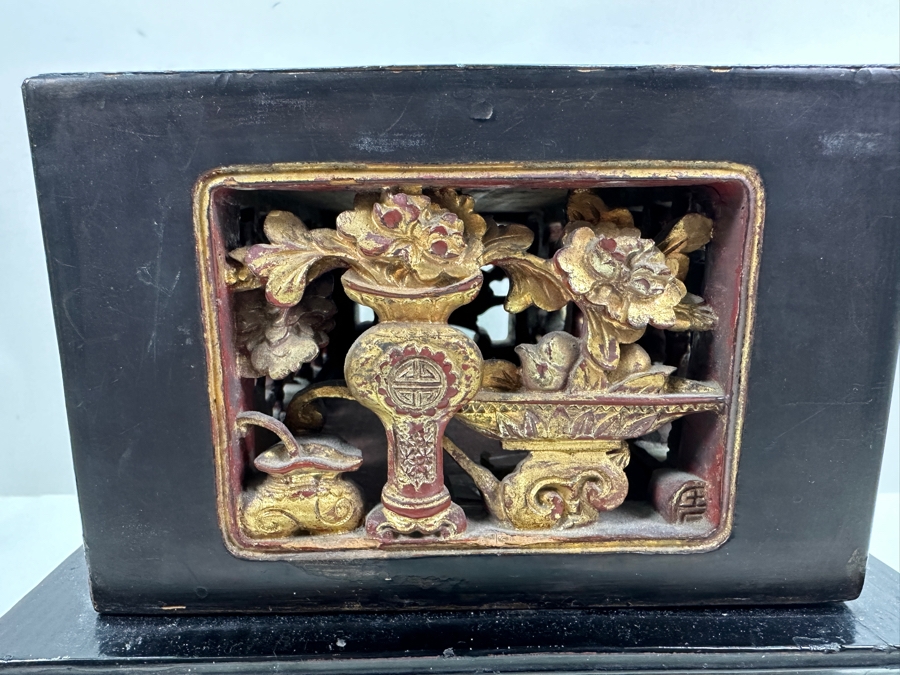 Impressive Vintage Chinese Gilt & Lacquered Relief Carved Wooden Stand Altar Offering Box Signed Underneath Lid 14.5W X 9D X 9.75H [Photo 14]
