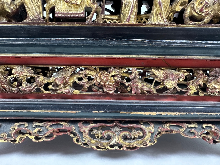 Impressive Vintage Chinese Gilt & Lacquered Relief Carved Wooden Stand Altar Offering Box Signed Underneath Lid 14.5W X 9D X 9.75H [Photo 10]