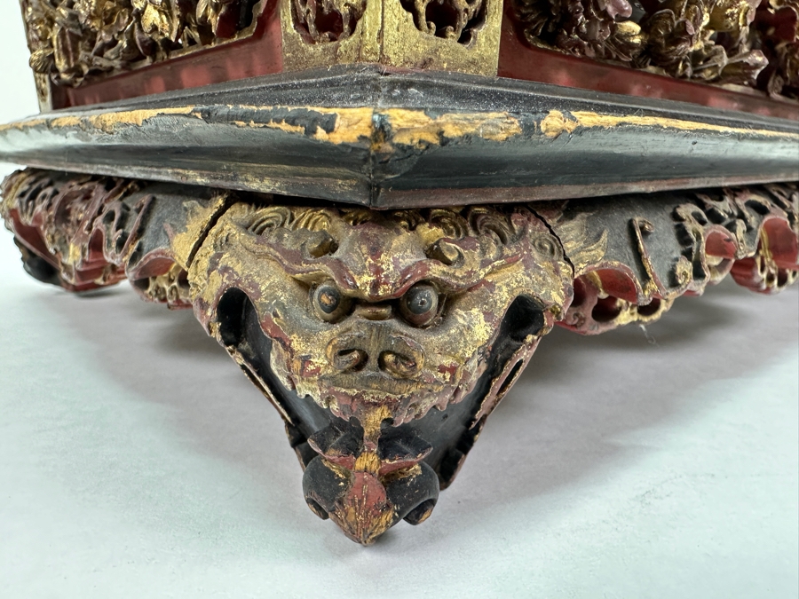 Impressive Vintage Chinese Gilt & Lacquered Relief Carved Wooden Stand Altar Offering Box Signed Underneath Lid 14.5W X 9D X 9.75H [Photo 12]