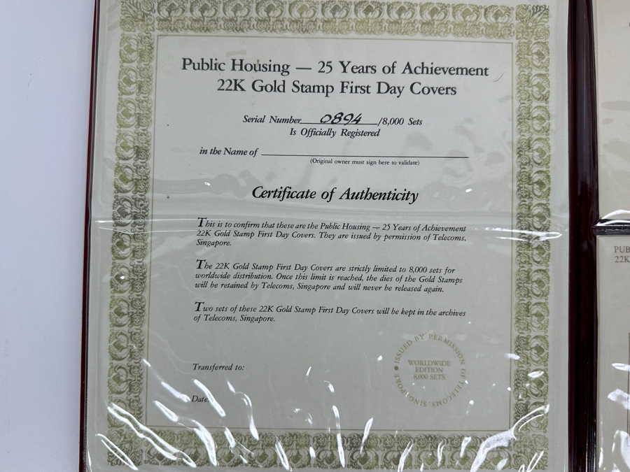 Pair Of Mint Public Housing - 25 Years Of Achievement - 22K Gold Stamp First Day Covers From Singapore Limited To 8,000 Sets [Photo 4]