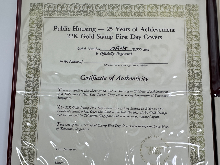 Pair Of Mint Public Housing - 25 Years Of Achievement - 22K Gold Stamp First Day Covers From Singapore Limited To 8,000 Sets [Photo 8]
