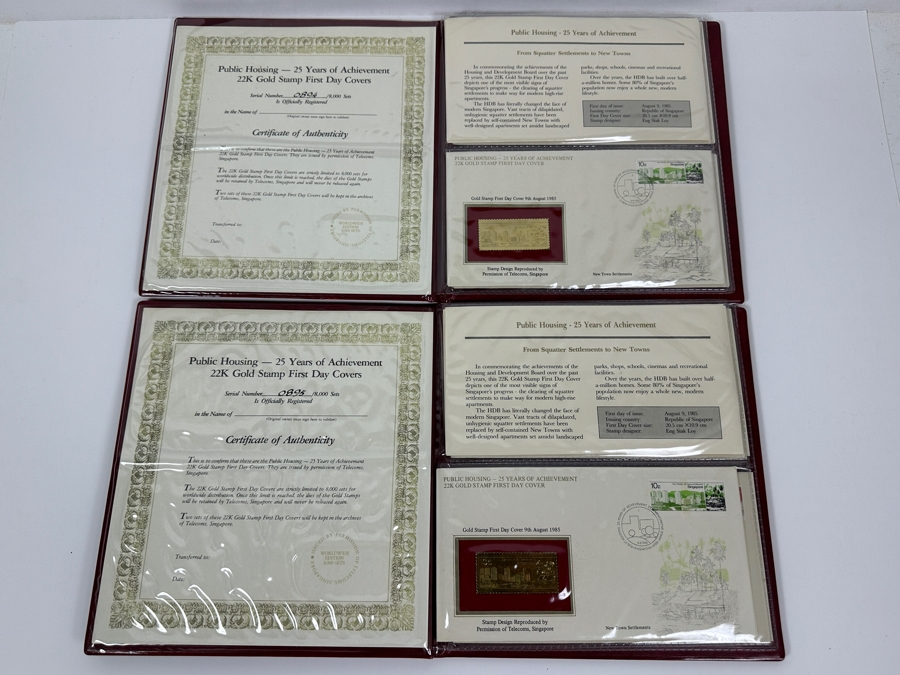 Pair Of Mint Public Housing - 25 Years Of Achievement - 22K Gold Stamp First Day Covers From Singapore Limited To 8,000 Sets
