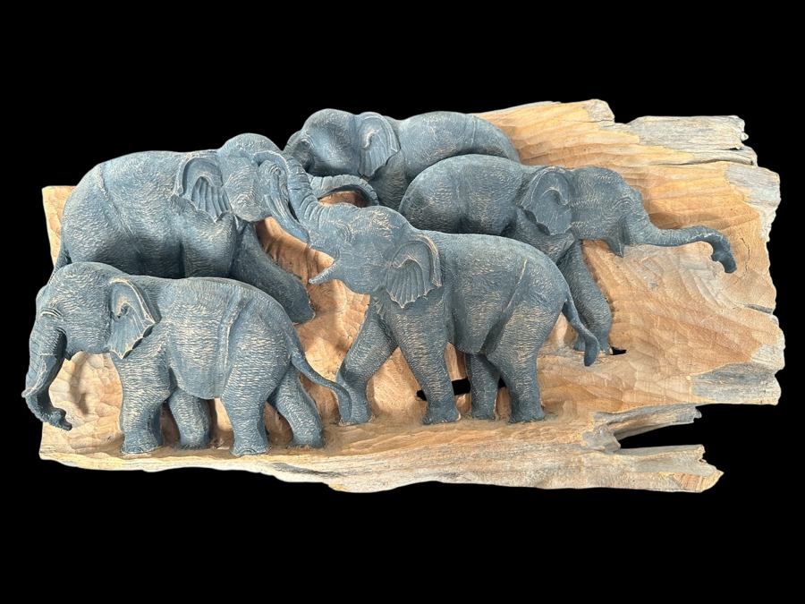 Hand Carved Wooden Elephant Wall Hanging 24'W x 14'H x 7'D See Pictures for Item Condition