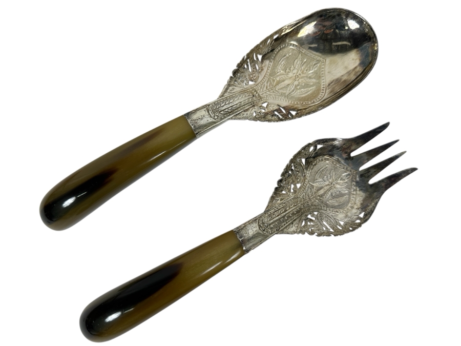 Vintage Malaysian Mohd Salleh & Sons 1260B .800 Silver Serving Spoon and Fork with Horn Handles 259g 9.5'L (80% Silver)