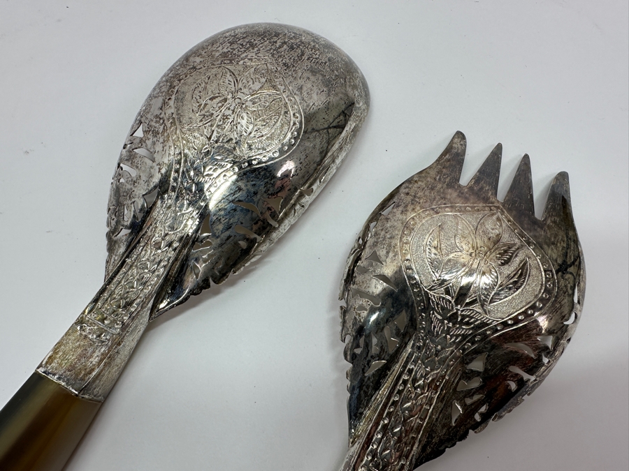 Vintage Malaysian Mohd Salleh & Sons 1260B .800 Silver Serving Spoon and Fork with Horn Handles 259g 9.5'L (80% Silver) [Photo 6]