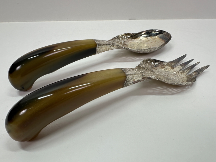 Vintage Malaysian Mohd Salleh & Sons 1260B .800 Silver Serving Spoon and Fork with Horn Handles 259g 9.5'L (80% Silver) [Photo 4]