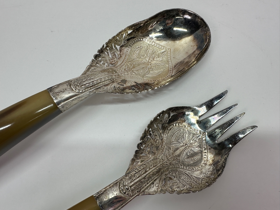 Vintage Malaysian Mohd Salleh & Sons 1260B .800 Silver Serving Spoon and Fork with Horn Handles 259g 9.5'L (80% Silver) [Photo 3]