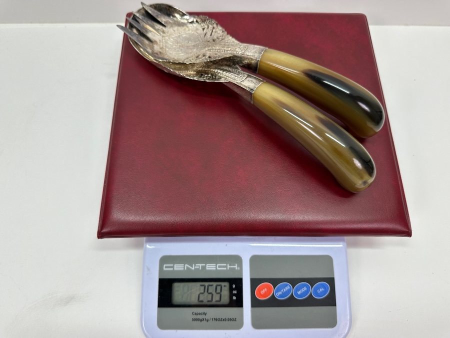 Vintage Malaysian Mohd Salleh & Sons 1260B .800 Silver Serving Spoon and Fork with Horn Handles 259g 9.5'L (80% Silver) [Photo 7]