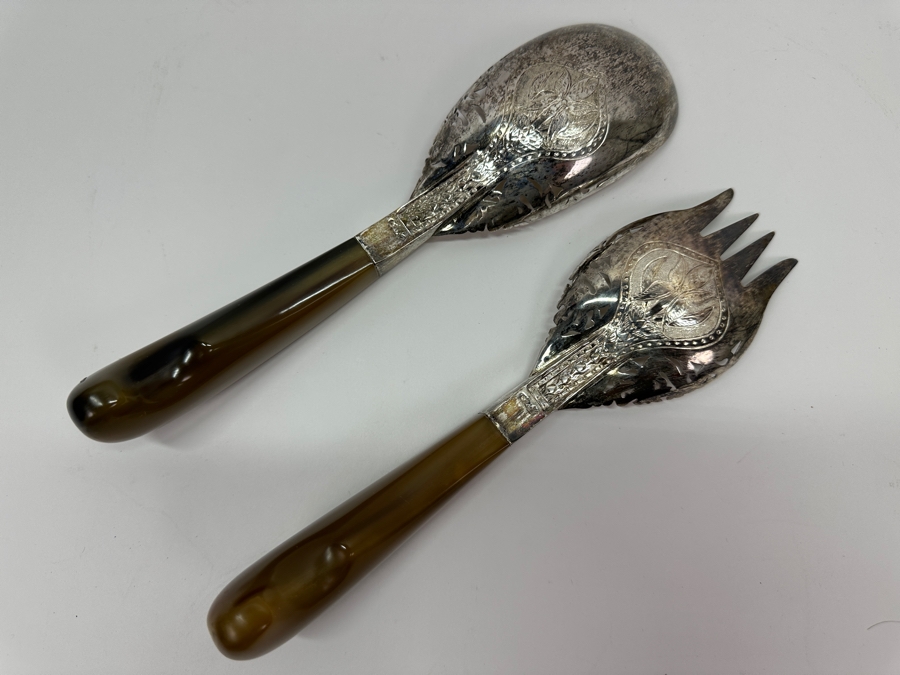 Vintage Malaysian Mohd Salleh & Sons 1260B .800 Silver Serving Spoon and Fork with Horn Handles 259g 9.5'L (80% Silver) [Photo 5]