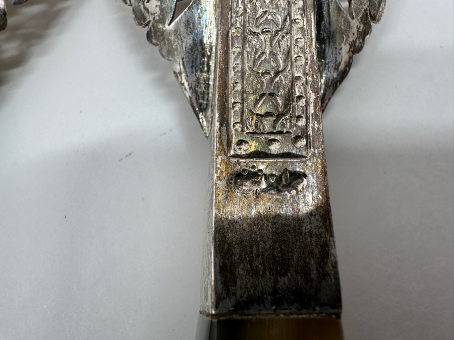 Vintage Malaysian Mohd Salleh & Sons 1260B .800 Silver Serving Spoon and Fork with Horn Handles 259g 9.5'L (80% Silver) [Photo 10]