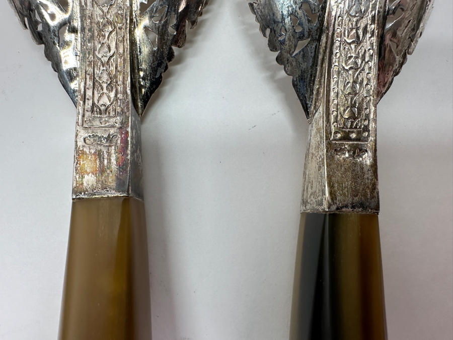 Vintage Malaysian Mohd Salleh & Sons 1260B .800 Silver Serving Spoon and Fork with Horn Handles 259g 9.5'L (80% Silver) [Photo 8]