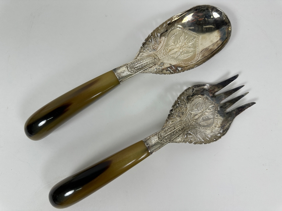 Vintage Malaysian Mohd Salleh & Sons 1260B .800 Silver Serving Spoon and Fork with Horn Handles 259g 9.5'L (80% Silver) [Photo 2]