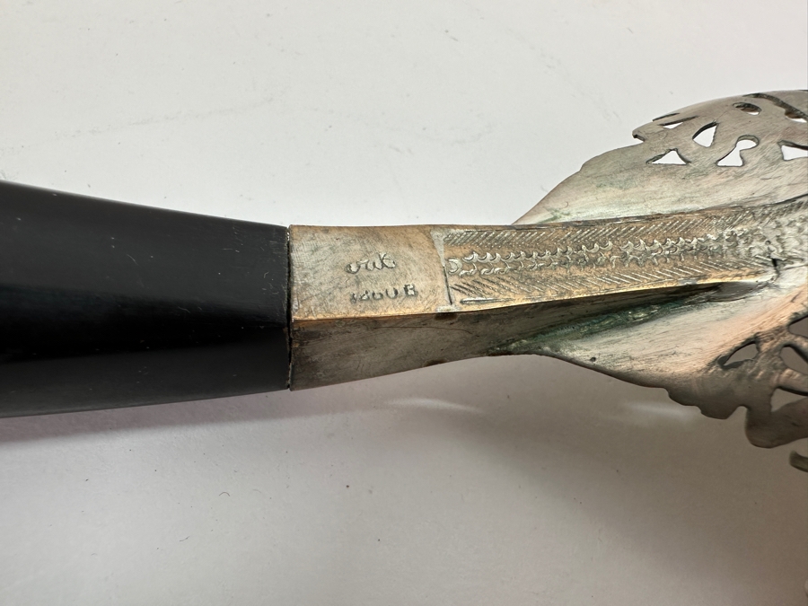 Vintage Malaysian Mohd Salleh & Sons 1260B .800 Silver Serving Spoon and Fork with Horn Handles 220g 10'L (80% Silver) [Photo 7]